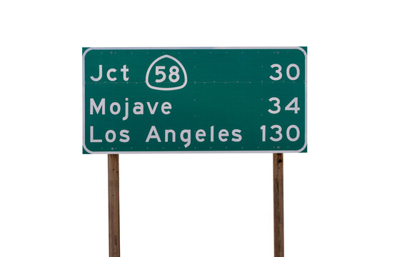 Mojave, Los Angeles and Route 58 junction highway sign with cut out background.