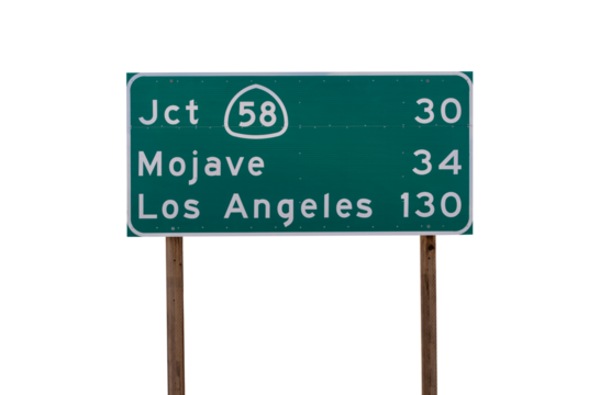 Mojave, Los Angeles and Route 58 junction highway sign with cut out background.