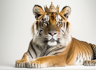 Tiger with a golden crown on a white background IA