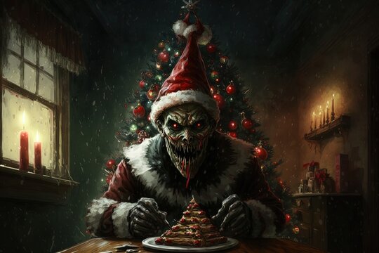 terrible Santa Claus at the New Year tree. AI generated