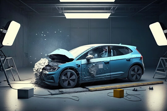 Car crash accident concept with broken car in garage. Generative AI