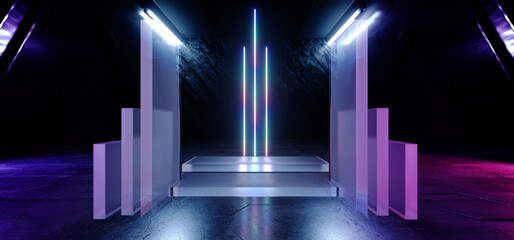 Sci Fi Neon Stage Cyber Glass Panels Blue Purple Showcase Product Empty Garage Grunge Concrete Cement Hallway Tunnel 3D Rendering © IM_VISUALS