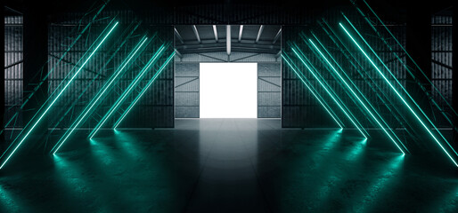 Sci Fi Alien Ship Triangle Neon Glowing Frame Metal Structure Hallway Tunnel Corridor Cement Concrete Bunker Hangar Warehouse Parking 3D Rendering © IM_VISUALS