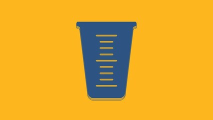 Blue Measuring cup to measure dry and liquid food icon isolated on orange background. Plastic graduated beaker with handle. 4K Video motion graphic animation