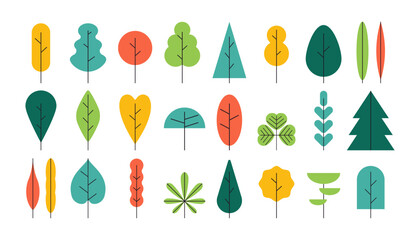 Simple trees. Cartoon forest plants with foliage, minimal bush shrub, botanical garden nature elements. Vector flat set
