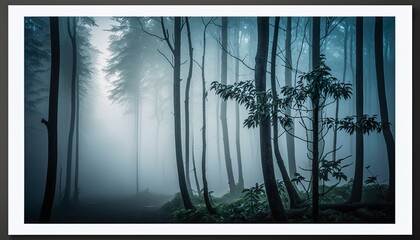 A serene shot of a misty forest at dawn 24mm lens f5.6 calm wide  Generative AI