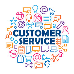 CUSTOMER SERVICE with related icons arranged in a circle on white background