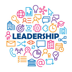LEADERSHIP with related icons arranged in a circle on white background
