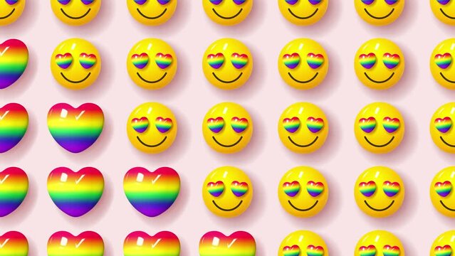 Stop motion animation for Pride Month. Rainbow hearts and funny smiles alternate from left to right over pink background. Human rights and tolerance concept for LGBTQ events.
