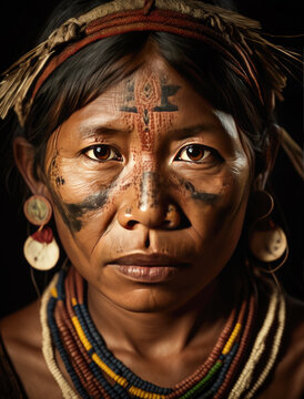 Tribal Portrait-Yanomami Tribal Woman-Black Background-Generative AI