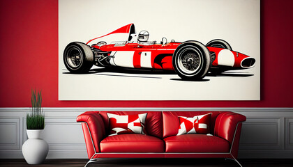 Illustration of vintage Ferrari sports car on canvas in an elegant waiting room. with red sofa Generative AI