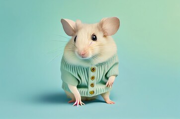 Mouse On Cyan Blue Green Background Posing In Pastel Colored Clothing With Copyspace Generative AI