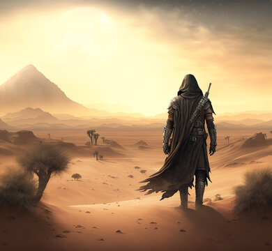 Mediavel warriror wearing an old hoodie in the desert, Generative ai