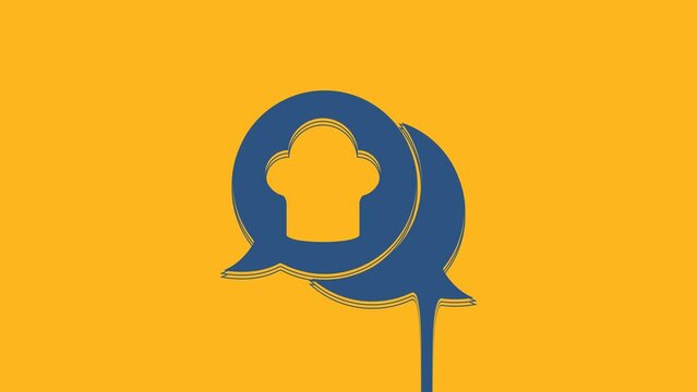 Blue Chef hat in speech bubble icon isolated on orange background. Cooking symbol. Cooks hat. 4K Video motion graphic animation