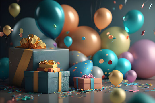 Gifts surrounded by balloons and confetti, background for birthday party or christmas - generative ai