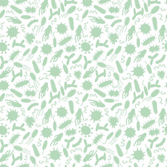 Green silhouette of microorganisms, bacteria, germs seamless pattern.