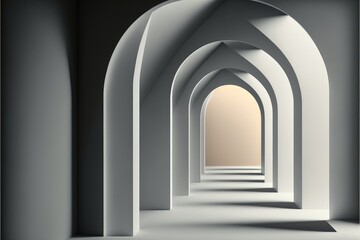 Abstract 3d render of arched corridor with light and shadow.