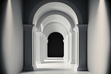 3d rendering of an empty corridor with arches and columns.