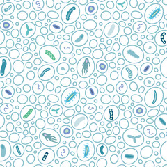 Fototapeta na wymiar Microbe seamless pattern. Molecules, cells of virus, bacteria in bubbles on white background