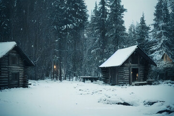 old cabin in the snowy woods