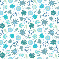 Bacteria and germs seamless pattern. Hand drawn green and blue microorganisms.