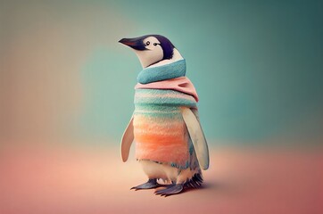 Penguin On Colorful Background Wearing Pastel Colored Clothing With Copyspace Generative AI