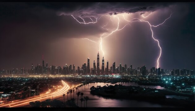 A stunning photograph of a lightning storm over a city skyline 35mm lens f11 dramatic standard lens  Generative AI