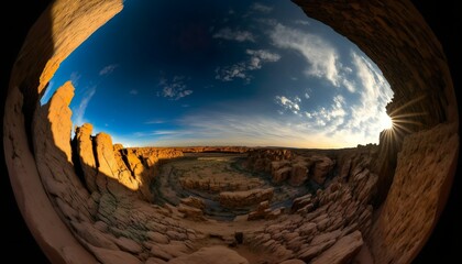 A stunning view of a canyon at sunrise 24mm lens f11 abstract fisheye lens  Generative AI