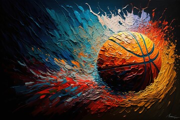 Piłka do koszykówki abstrakcyjny kolorowy akrylowy obraz Generative AI - obrazy, fototapety, plakaty