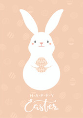 Easter bunny, cute rabbit holding painted egg, lettering quote Happy Easter on decorative background. Vector illustration. Flat style design. Concept for holiday card, banner, poster, decor element.