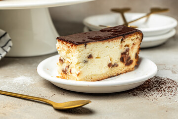 cheesecake, Classic cheesecake slice poured with chocolate sauce, Restaurant menu, dieting, cookbook recipe top view