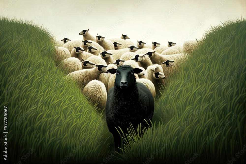 Wall mural black sheep in herd walking through grass to hill, created with generative ai