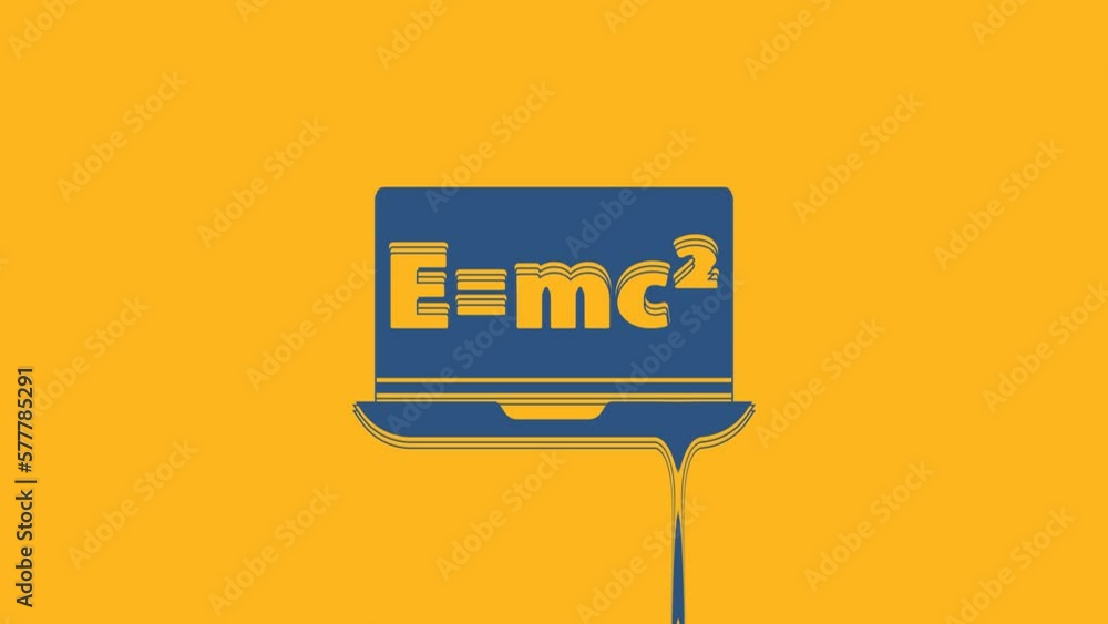 Poster blue math system of equation solution on laptop icon isolated on orange background. e equals mc squa