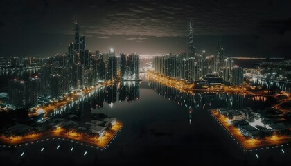 Beautiful night view of a city with lake around it  Generative AI