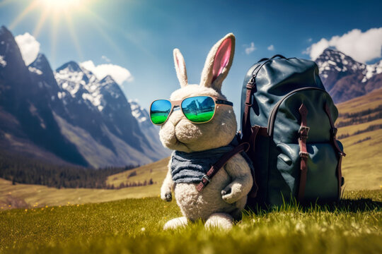 Osterhase macht Urlaub mit einem Rucksack in den Bergen