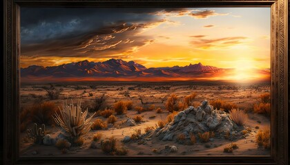 An expansive desert landscape with a stunning sunset in the background 70mm lens f11 oil painting zoom lens  Generative AI