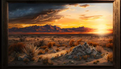 Wandcirkels plexiglas An expansive desert landscape with a stunning sunset in the background 70mm lens f11 oil painting zoom lens  Generative AI © Naveena