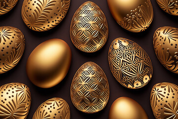 Golden Easter eggs with carved ornament, pattern, AI - obrazy, fototapety, plakaty