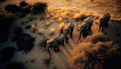 Elephants from above walking sunset National Geographic shot on Kodak Portra  Generative AI