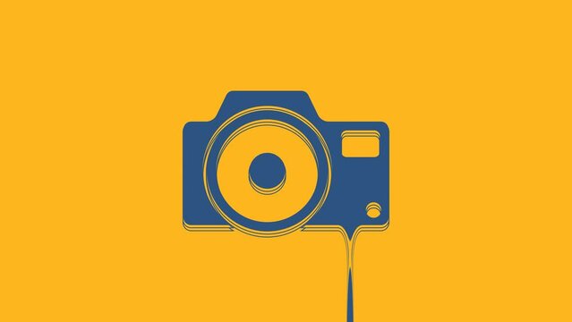 Blue Photo camera icon isolated on orange background. Foto camera icon. 4K Video motion graphic animation