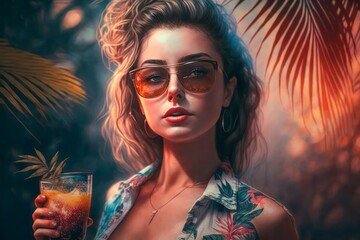 Attractive girl with a glass of drink clubbing at summer vacation dance beach party. Palm trees on background.