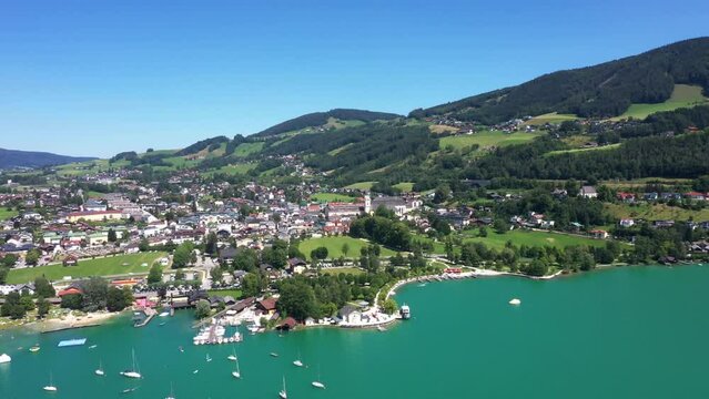 aerial view of mondsee ,basilica of saint michael, region salzkammergut,travel photography by drone,
