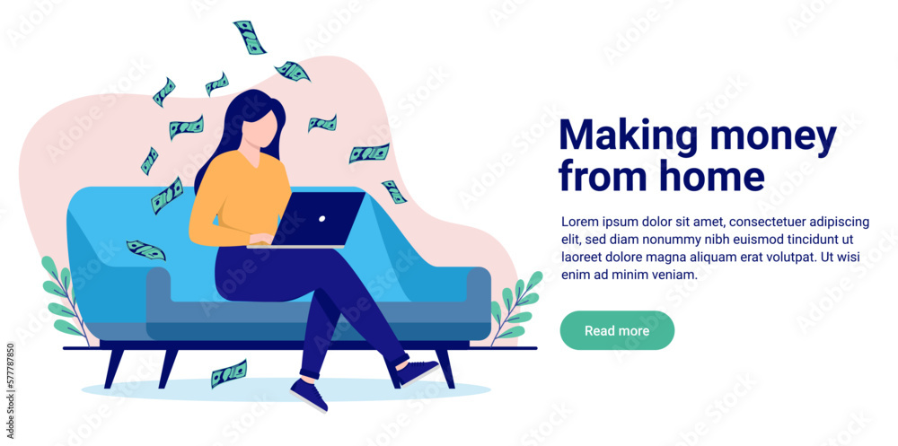 Poster making money from home - woman sitting in sofa with laptop computer earning income and doing busines
