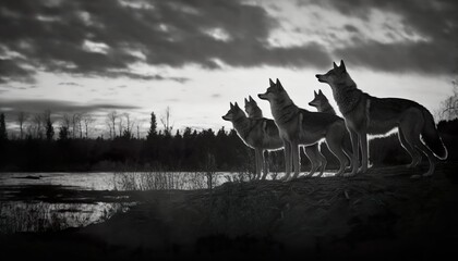 Wolves howling side view dusk wildlife photography shot on Ilford FP4  Generative AI