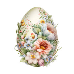 Easter egg with flowers watercolor clip art on the white isolated background. 