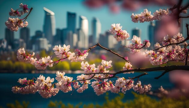 Vibrant cherry blossom trees in full bloom with a city skyline in the background 70mm lens f2.8 lively telephoto lens  Generative AI