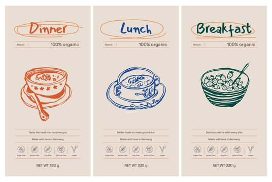 Hand drawn line art food vector packaging label design template. Boho style illustration of elegant signs and badges for cafe, restaurant, food and drinks products.