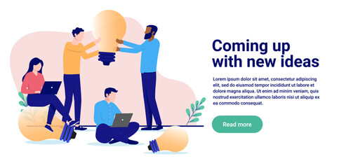 Coming up with new ideas - Business people in workshop generating idea light bulbs and working in team. Flat design vector illustration with copy space and white background