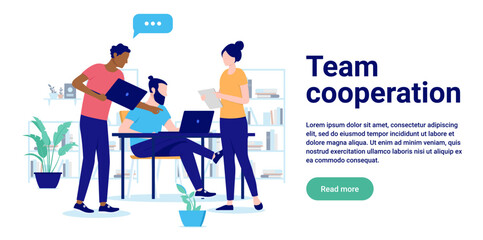 Team cooperation - People working together, supporting and helping each other in offie workplace. Teamwork concept, flat design vector illustration with white background