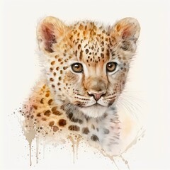 Abstract portrait of a beautiful leopard in aquarelle style. Watercolor illustration of a spotted wildcat on white background. Generative AI art.